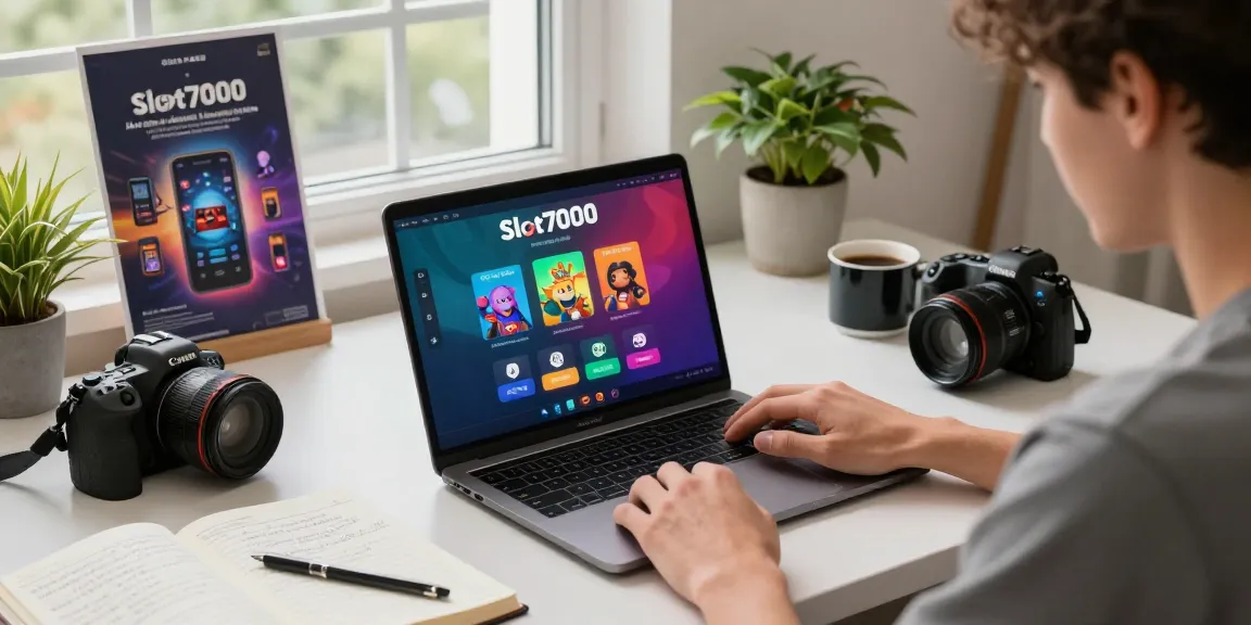Engaging workspace with a user downloading games on Slot7000 platform, showcasing modern tech elements.