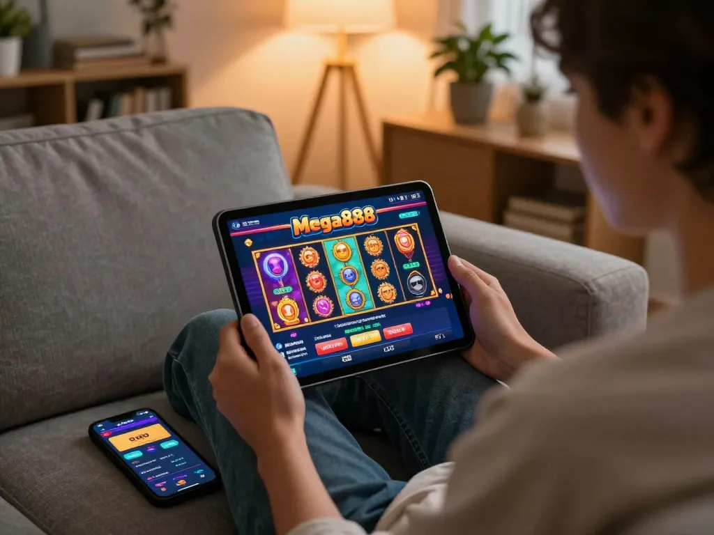Mega888 apk original download displayed on a tablet during a cozy home gaming session with strategic gameplay elements.