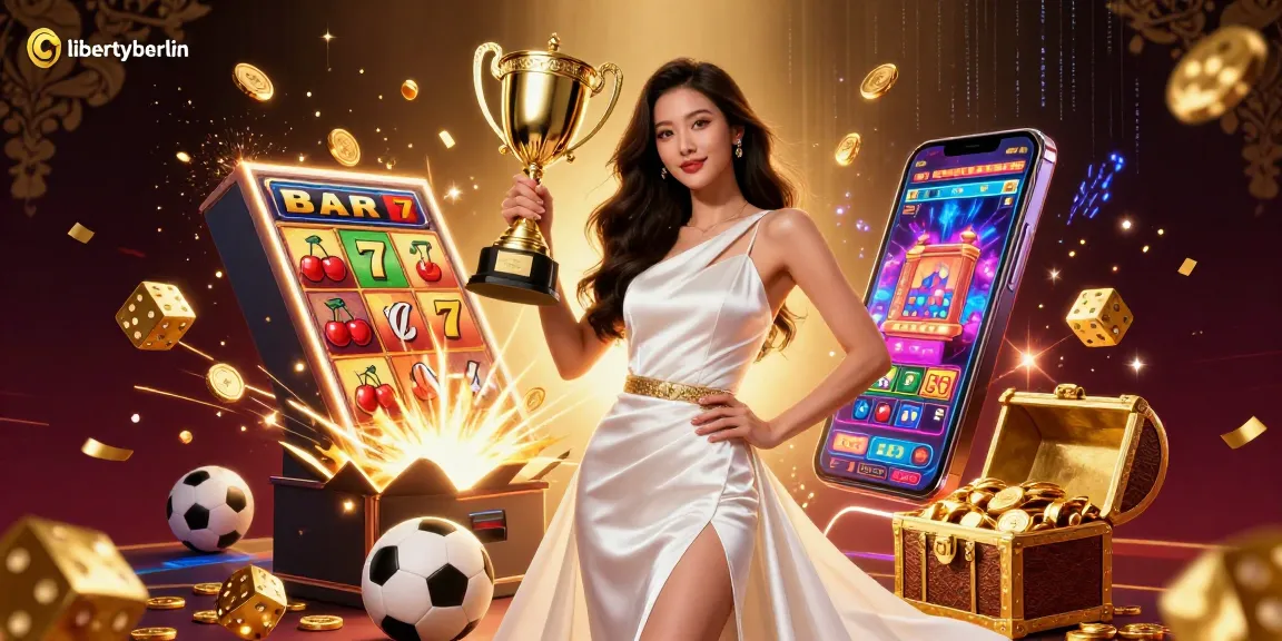 Experience the thrill of wins at libertyberlin with vibrant casino elements and a triumphant figure!