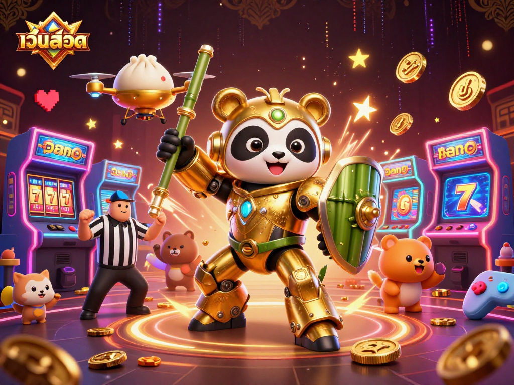 Spin the เว็บสล็อต reels with excitement as the golden panda battles in a vibrant gaming arena.