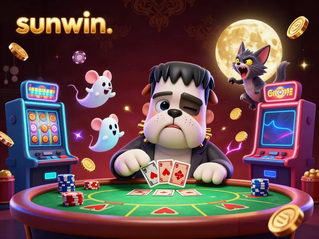 Engage in thrilling table games at sunwin. with a cartoon shark dealer and spooky ambiance.