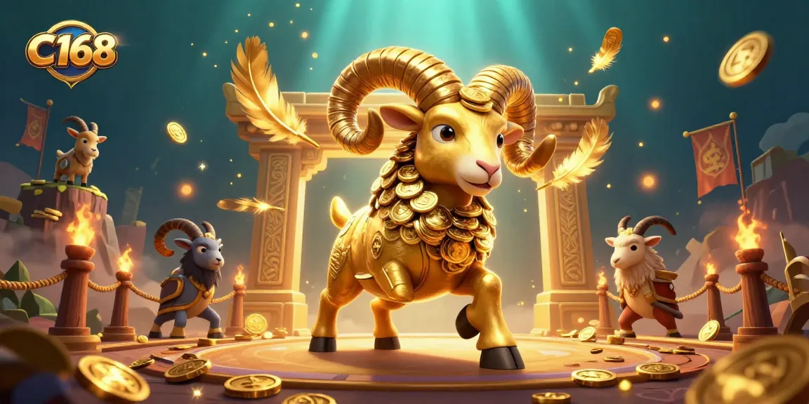 C168 invites players to engage in the thrilling action of a dynamic casino with a charging golden ram amidst festive gaming elements.
