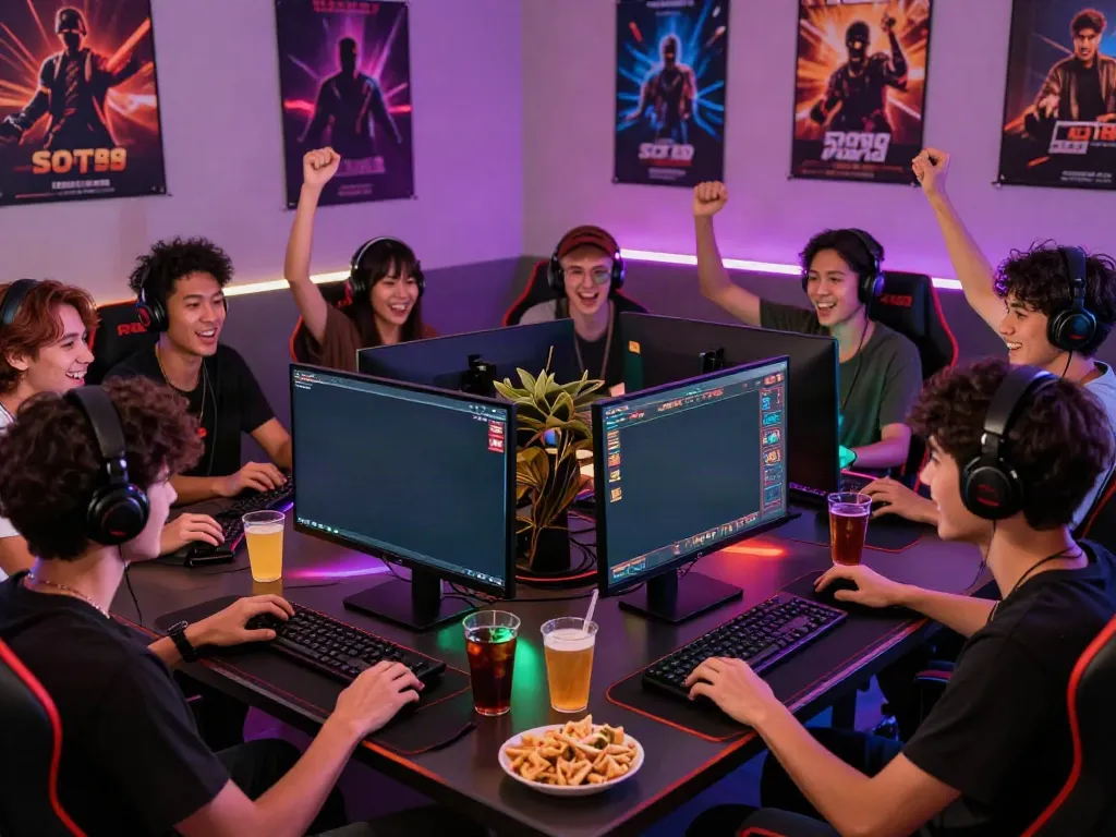 Akunjp online gaming setup with friends cheering during Slot88 gameplay, vibrant gaming atmosphere.