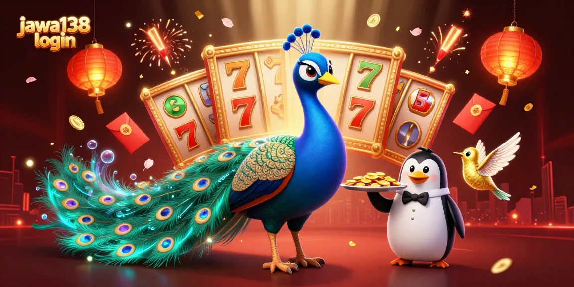 Grafik kasino menarik dengan karakter dan elemen 3D, menampilkan "jawa138 login" dengan slot dan simbol keberuntungan