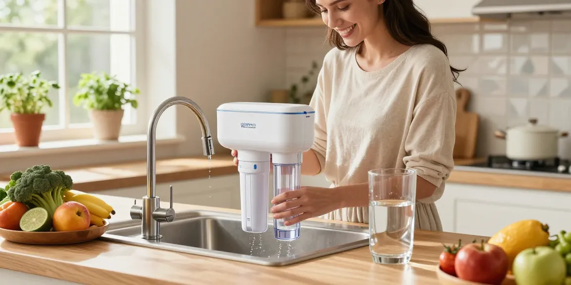 Homeowner installing Waterdrop TST-UF-B 0.01 Micron Ultra-Filtration Under Sink Water Filter in a bright kitchen.
