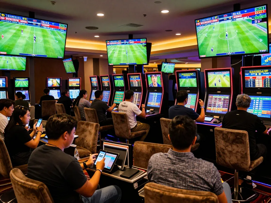Engaging sports betting experience showing kèo nhà cái updates on screens at a modern casino