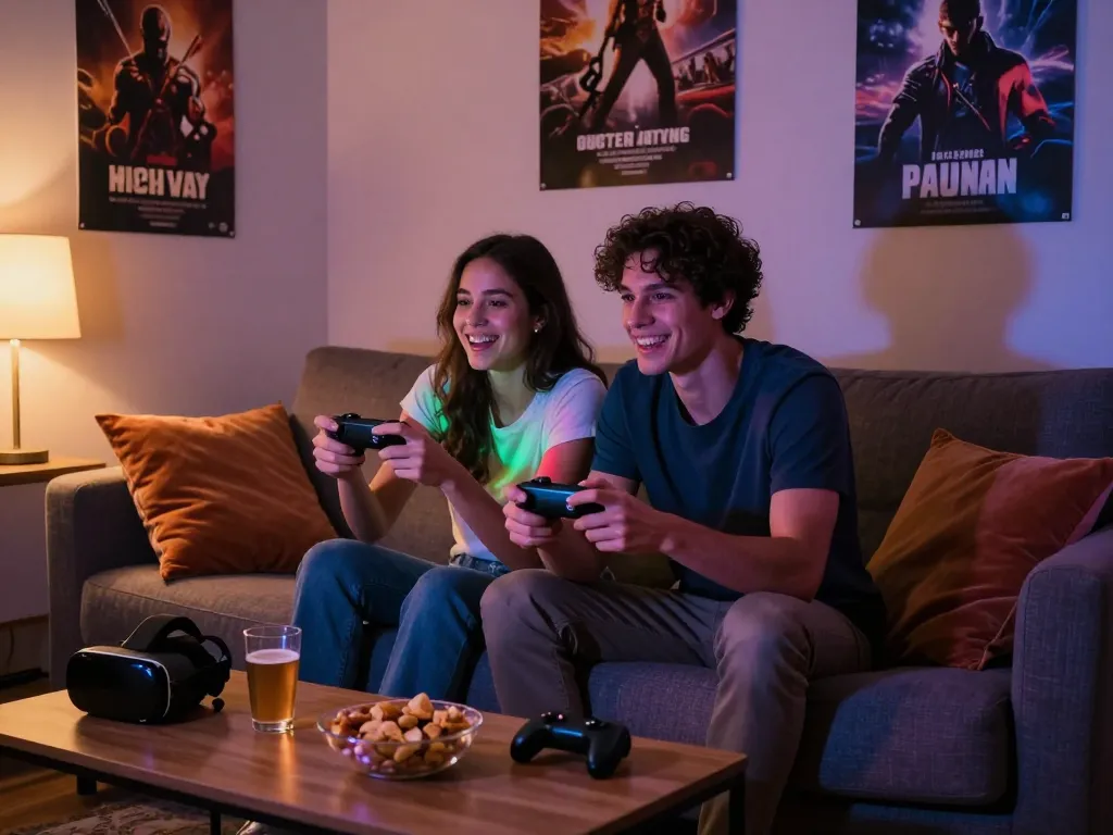 Couple enjoying interactive porngames in cozy gaming setup
