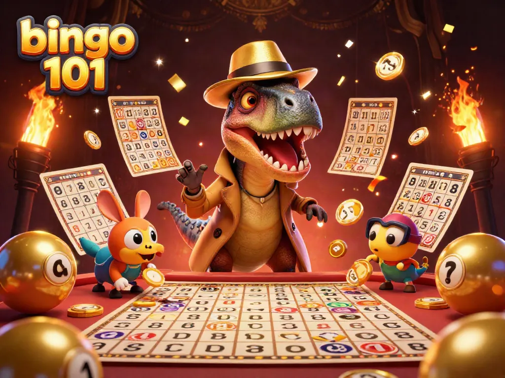 Bingo 101 scene where a velociraptor card counter plays under the watchful eye of a stegosaurus pit boss, dynamic and colorful.