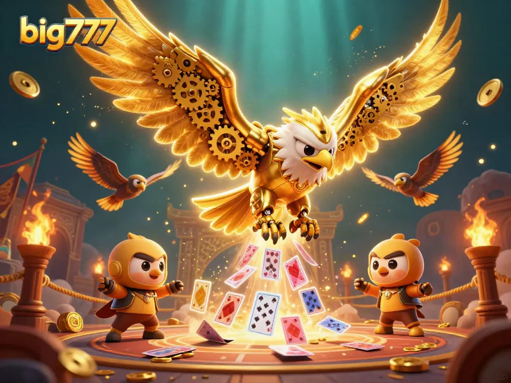 Immerse in big777’s thrilling jackpot adventure with a cybernetic eagle and vibrant gaming elements.