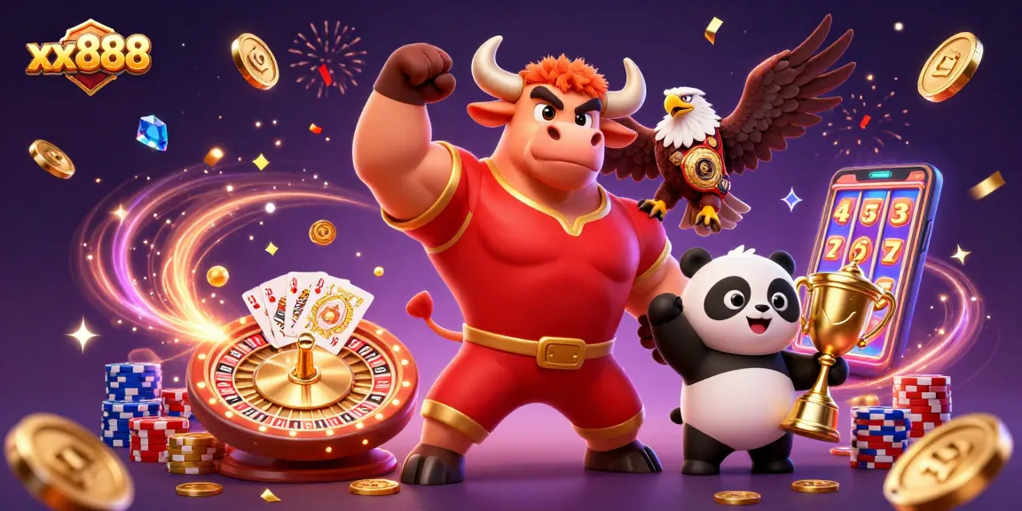 Celebrate your wins with xx888 as the bull mascot and friends enjoy casino games!