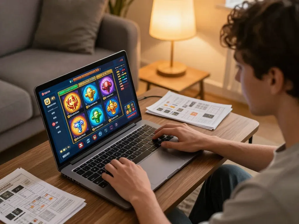 Player enjoying situs gacor slot games on a laptop in a cozy living room, illustrating engaging online gambling experience.