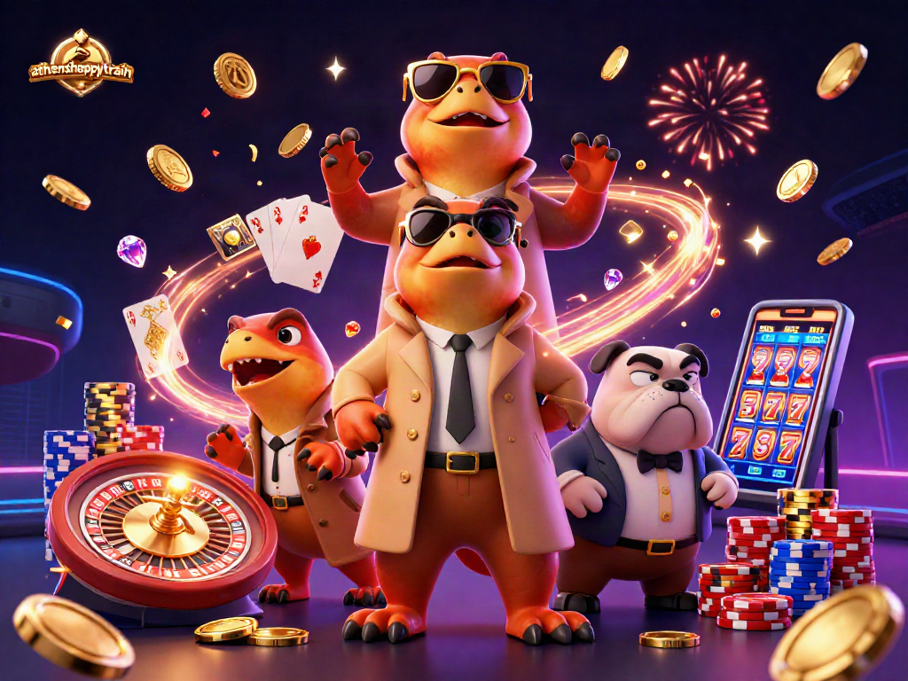 Experience the excitement of athenshappytrain with raptors in a trench coat attempting to enter a VIP casino.