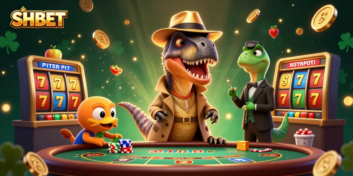 Experience exciting slots at SHBET with a cartoon velociraptor card counter and engaging casino elements.
