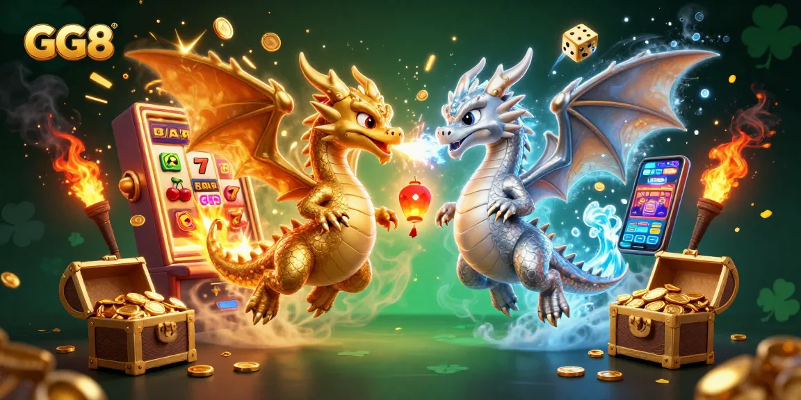 Spin the reels and win big with GG8 in this captivating 3D casino illustration featuring dragons and jackpots.