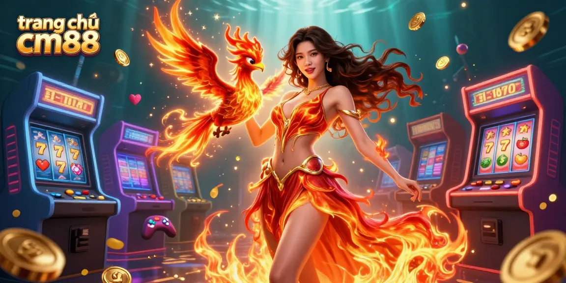 Engage with the thrilling world of trang chủ cm88, showcasing vibrant 3D casino elements and a fiery phoenix.