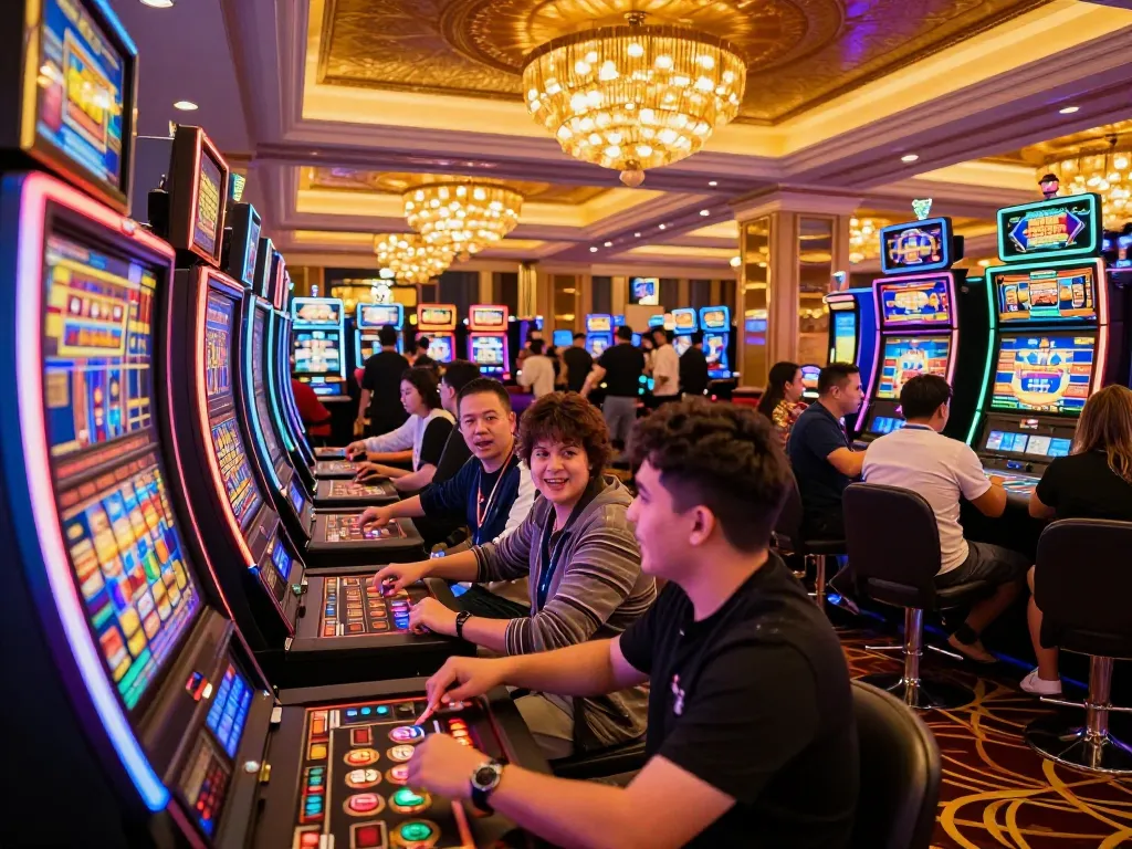 Thrilling moment at MM 99 casino with players cheering at vibrant slot machines amidst colorful lights.