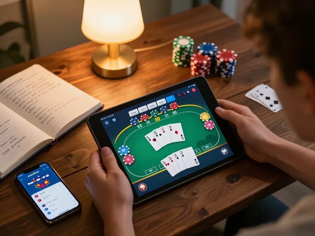 Engaging poker gameplay on open88 com with a cozy home setup featuring strategic notes and mobile betting.