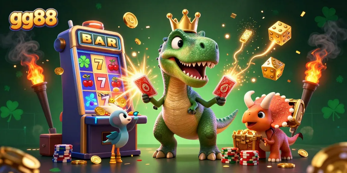 Engage with exciting games at gg88 as a T-Rex shuffles cards and wins jackpots.
