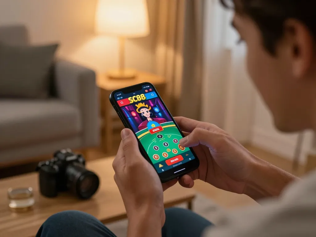 Player enjoying SC88 mobile app, showcasing live dealer excitement in a cozy home environment.
