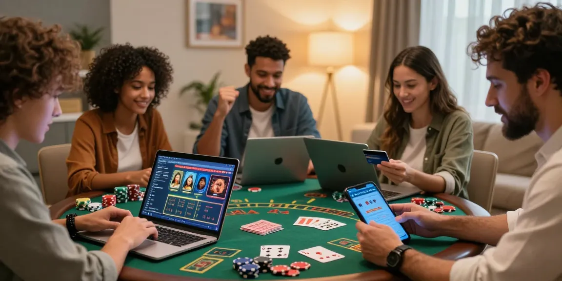 Engaged players exploring credit card casinos at https://being-there.org.uk in a cozy home setting, celebrating wins and reviewing payment options.