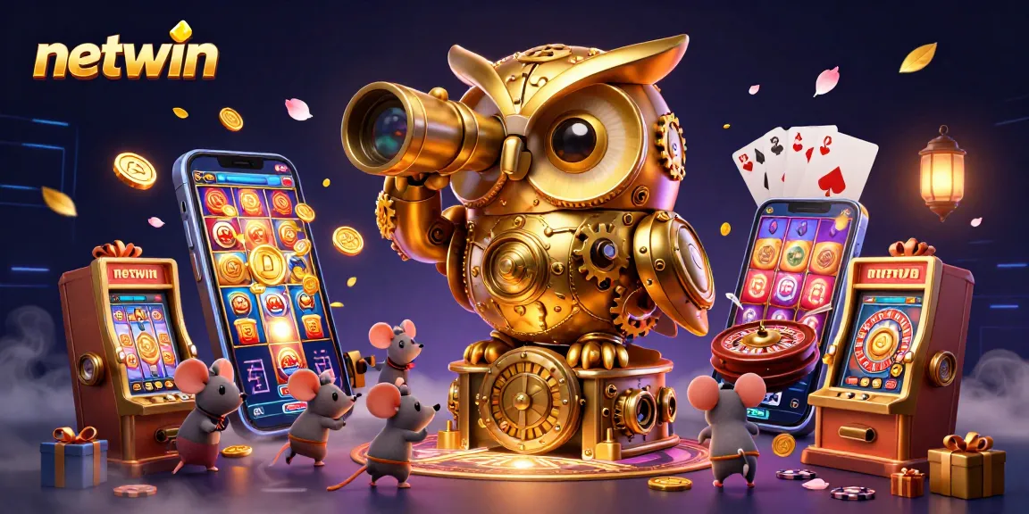 Experience the vibrant netwin online casino with a whimsical clockwork owl, slot games, and dynamic patrons.