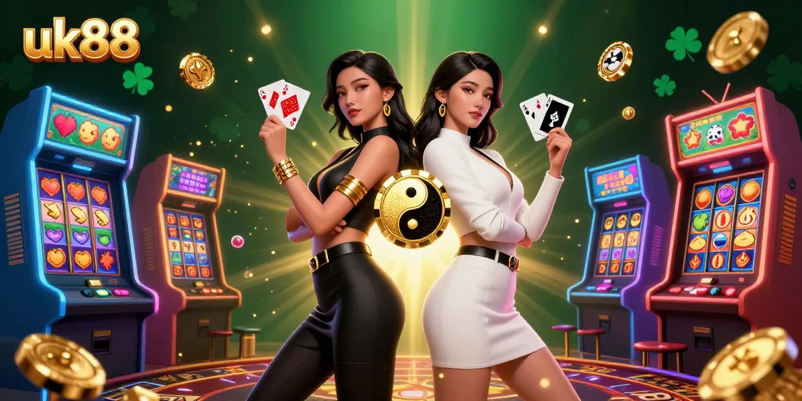 Engage with uk88's thrilling casino experience featuring Asian twin women and vibrant game elements.
