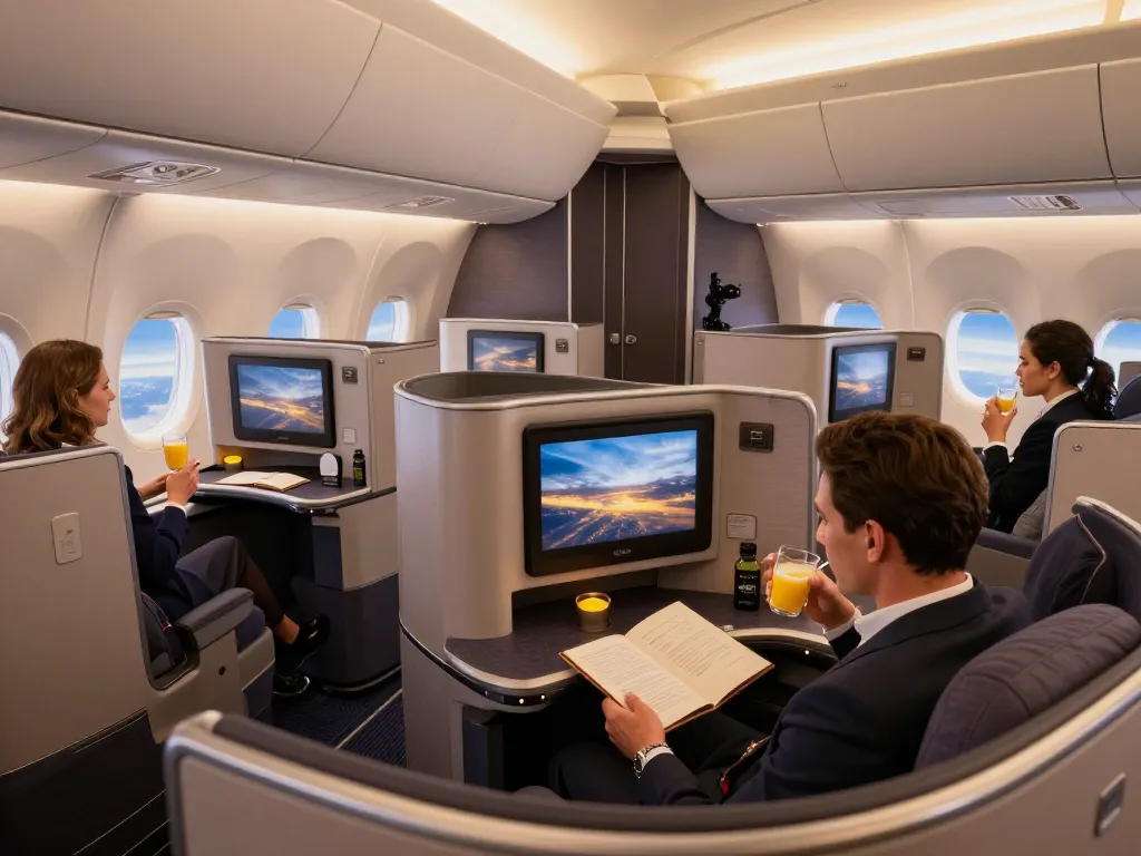 Interior of a Boeing 787-9P premium cabin showcasing luxurious seating and ambient lighting.