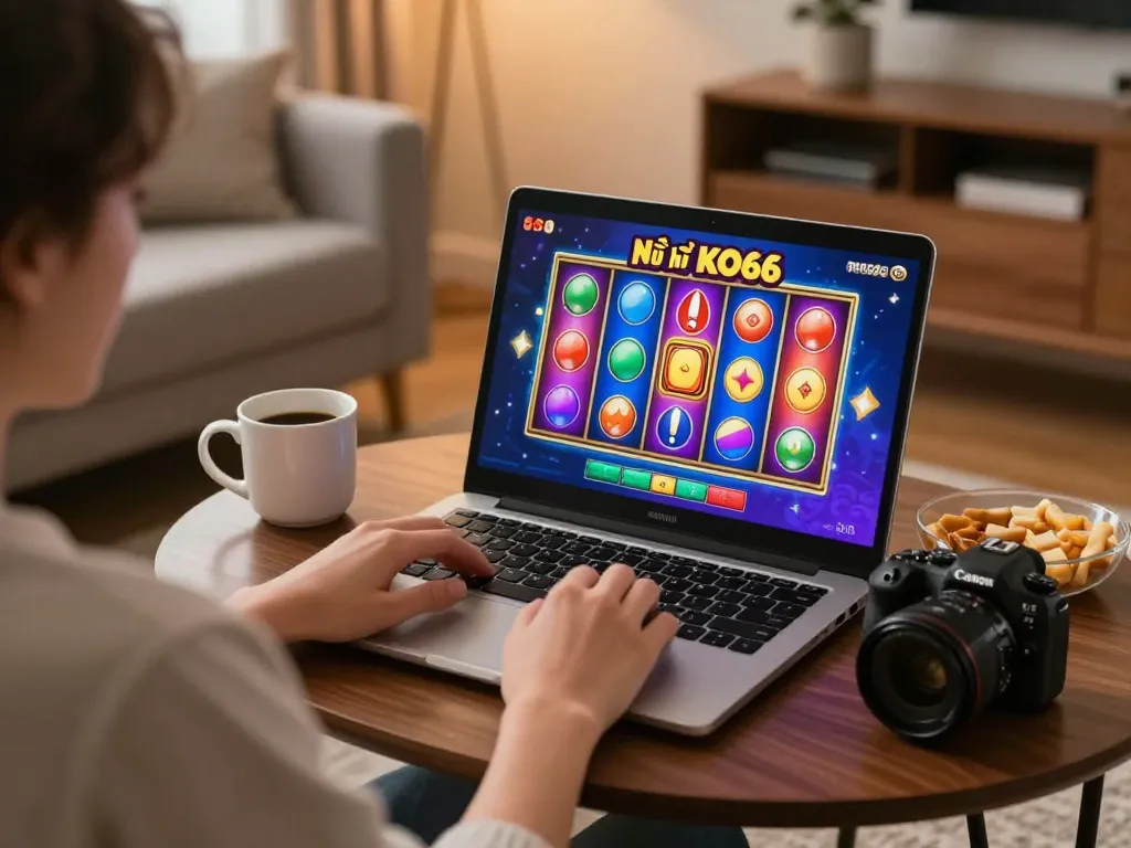 Nổ hũ KO66 slot game displayed on laptop during cozy home gaming session