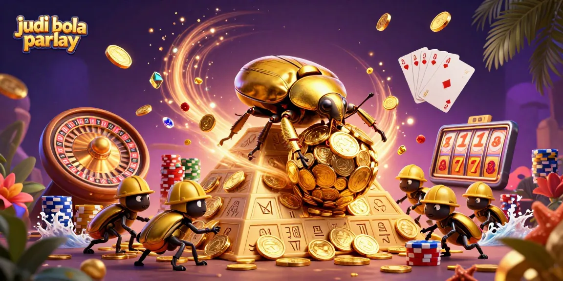 Experience exciting judi bola parlay action with vibrant 3D illustrations of golden beetles and casino symbols.