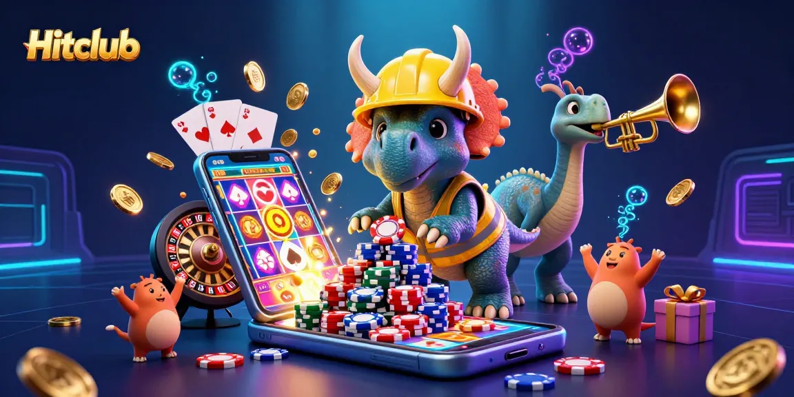 Hitclub celebrates wins as the triceratops constructs poker chip pyramid amidst colorful slot games.