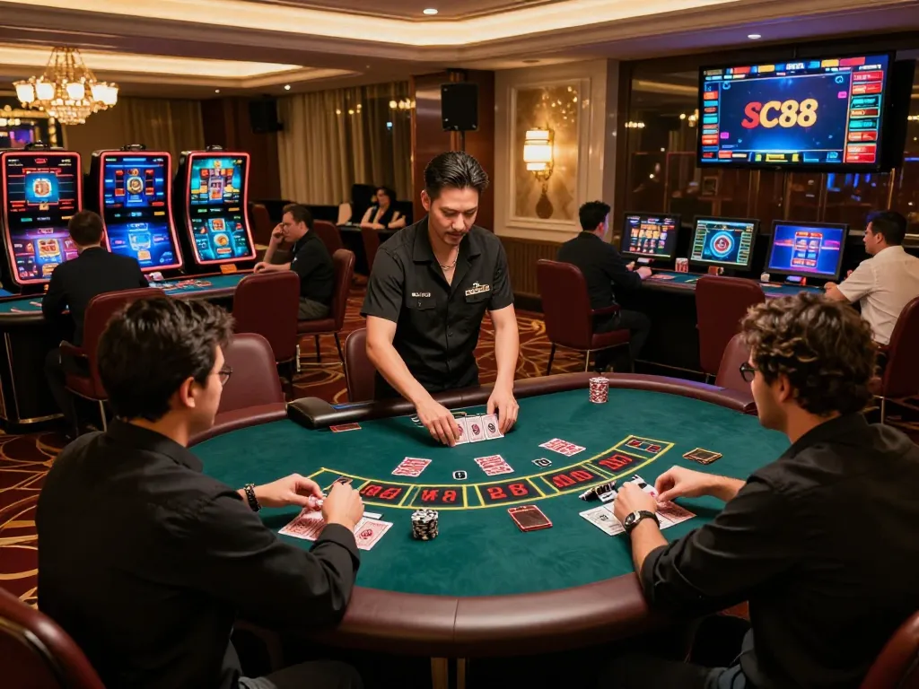 Players enjoying a thrilling baccarat game at SC88, highlighting professional dealers in an elegant atmosphere.