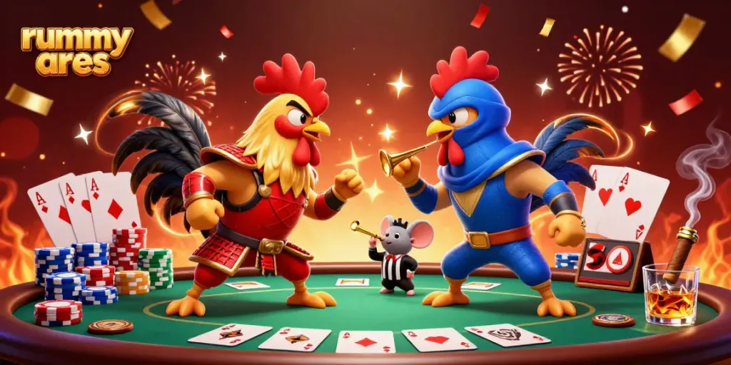 Win big with Rummy Ares as roosters engage in a vibrant gambling showdown with poker elements.