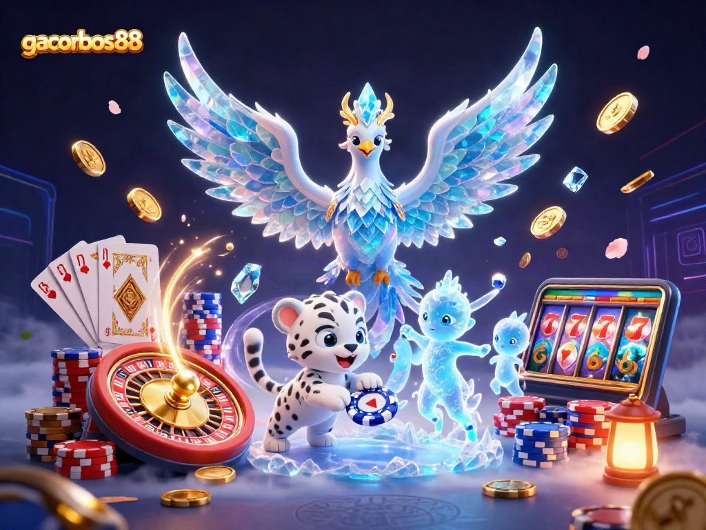 Play with gacorbos88 in a vibrant casino scene featuring an ice phoenix and poker chip elements.