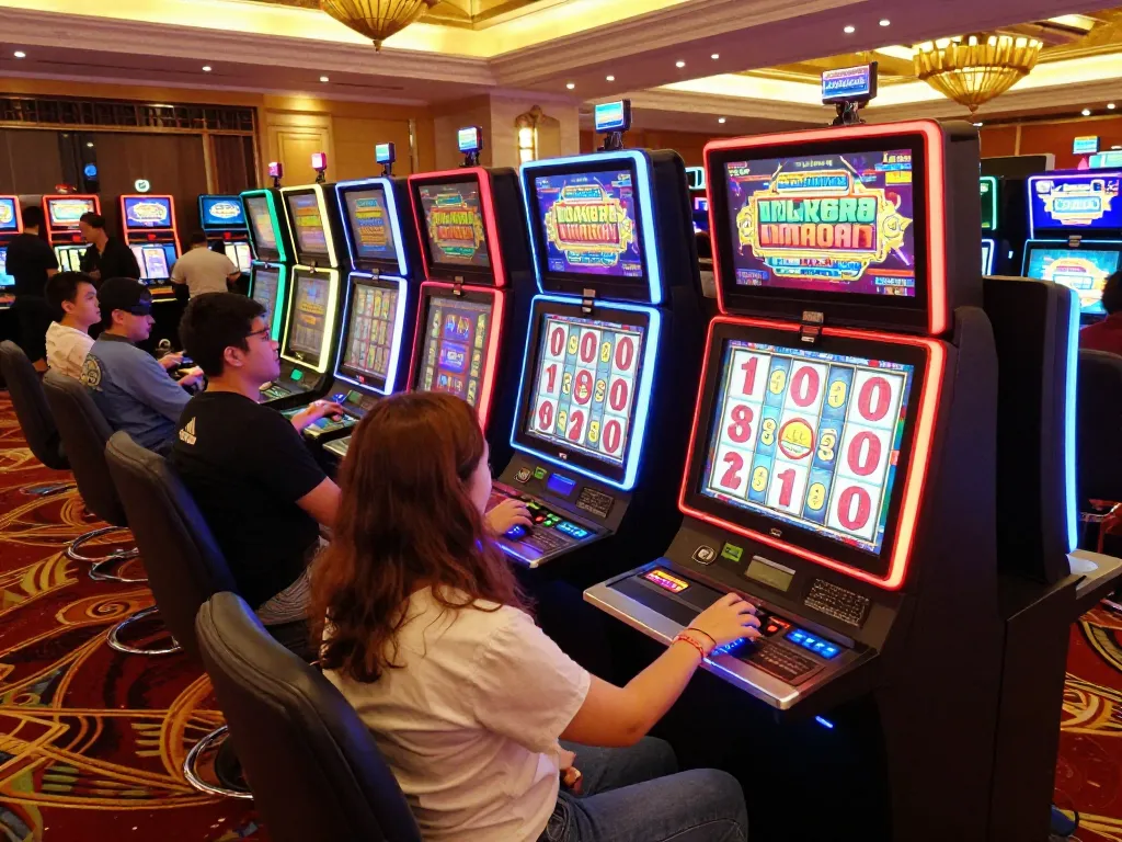 Players enjoying slot machines at a lively casino floor featuring mm888 games and bright LED lights