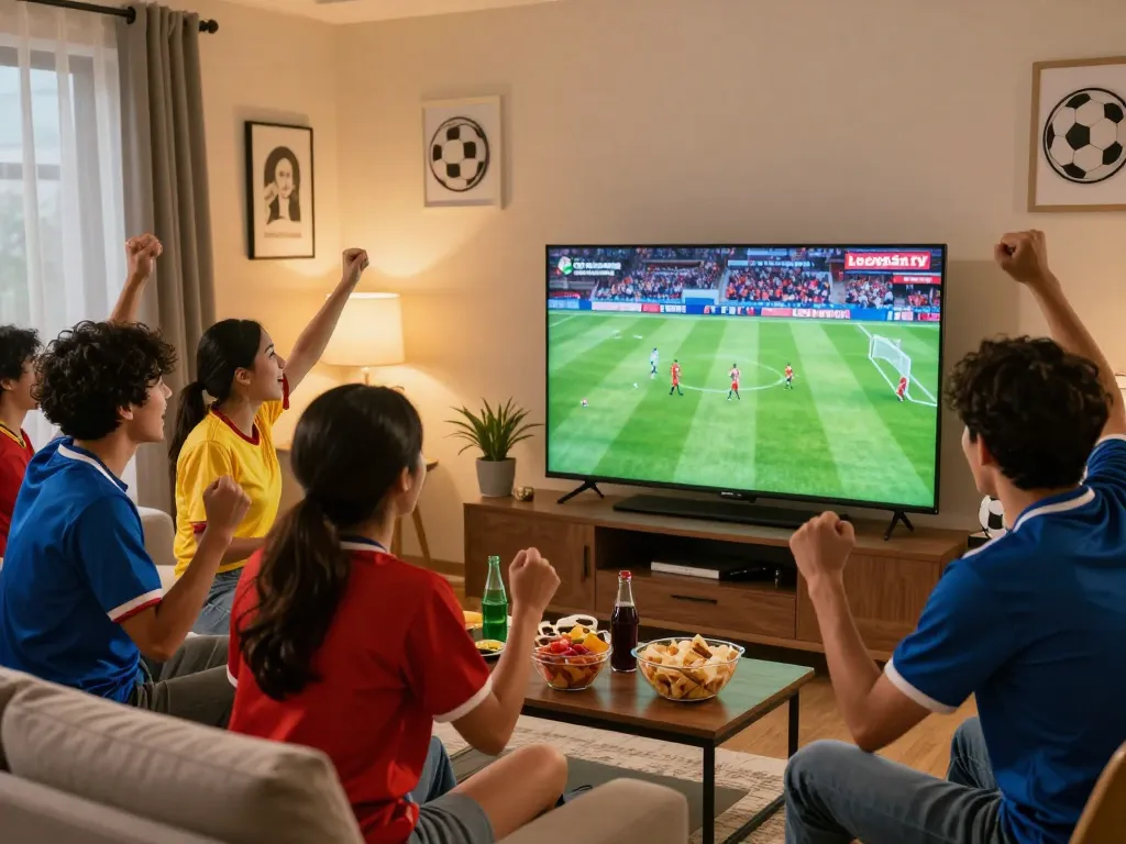 Friends enthusiastically watching LuongSon TV during a live football match, enjoying snacks and drinks in a lively atmosphere.
