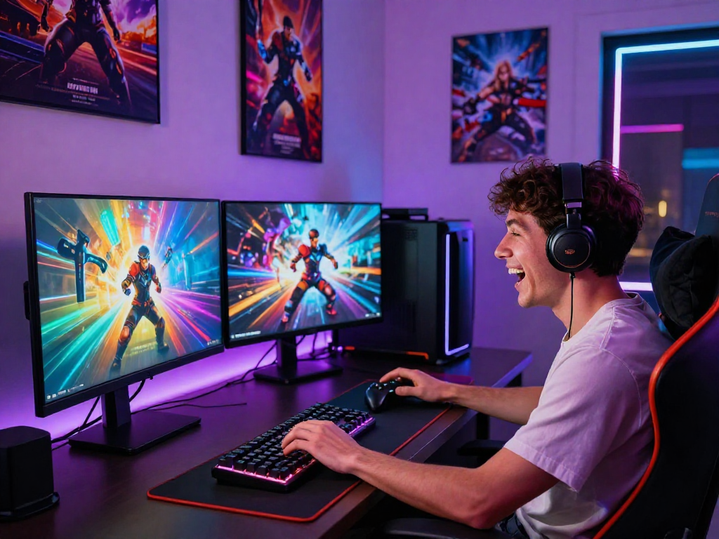 Engaging gaming scene with vibrant graphics at mpocash.blog, showcasing a gamer in a stylish room.