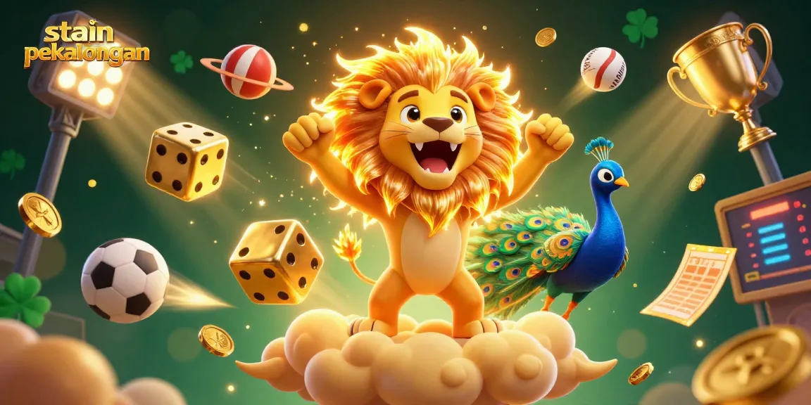 Experience thrilling gameplay with stain pekalongan as a victorious lion roars amidst golden dice and dynamic sports elements.