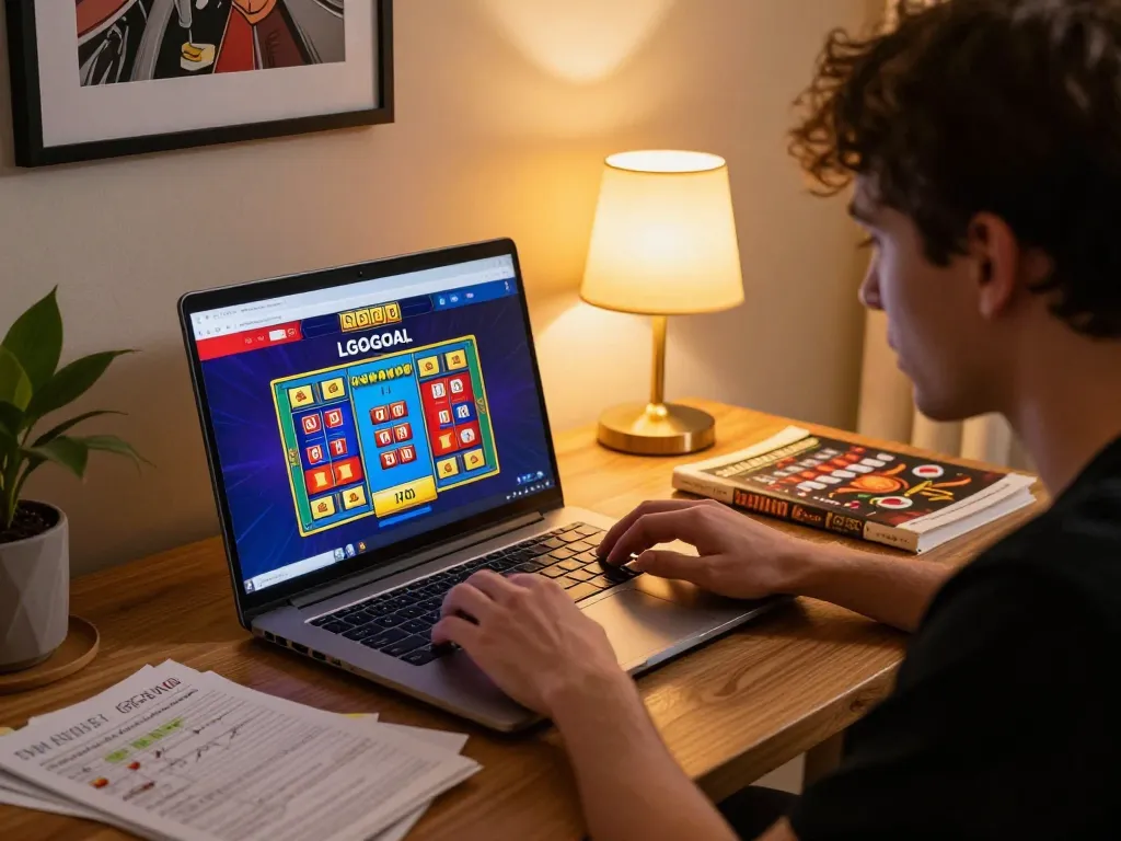 Player engaging with LGOGOAL casino online platform, showcasing vibrant gaming graphics and immersive home setup