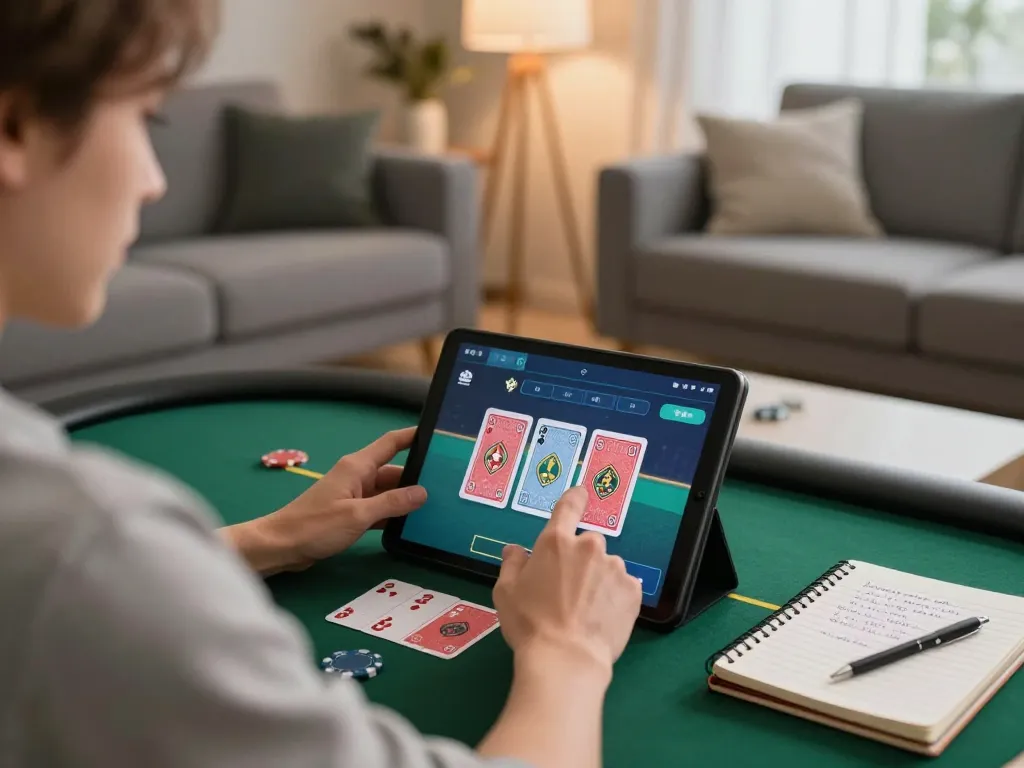Person playing hi88 poker on a tablet in a stylish living room, showcasing strategy.