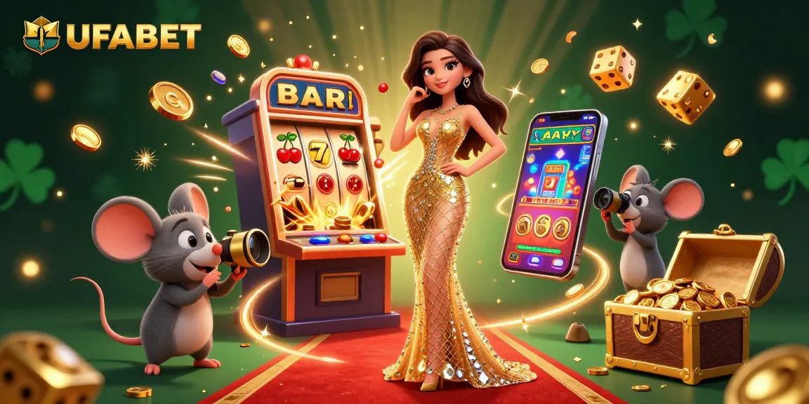 Engage with UFABET through an exciting scene of a glamorous woman and a mouse capturing joyful casino moments.