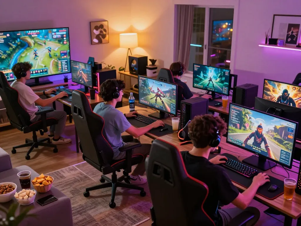 Dewi100 online gaming friends enjoying an exhilarating gaming session in vibrant setups.