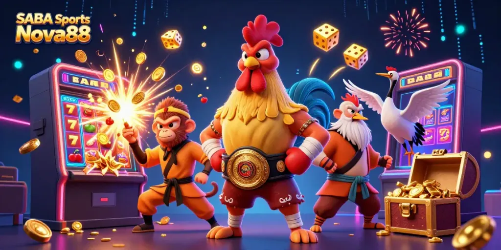 SABA Sports Nova88 highlights exciting betting action with 3D characters and casino elements.