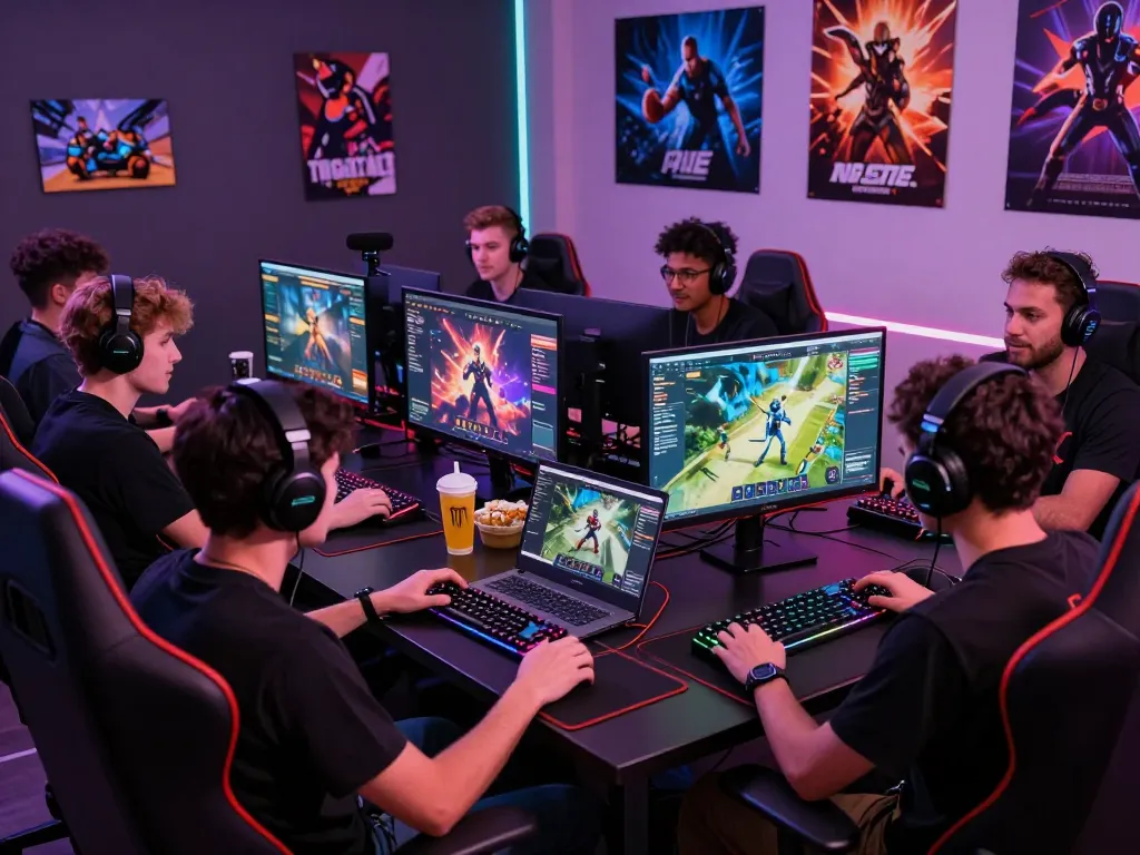 Players enjoying an energetic gaming session on the Sunwin platform with high-tech setups and vibrant atmosphere.