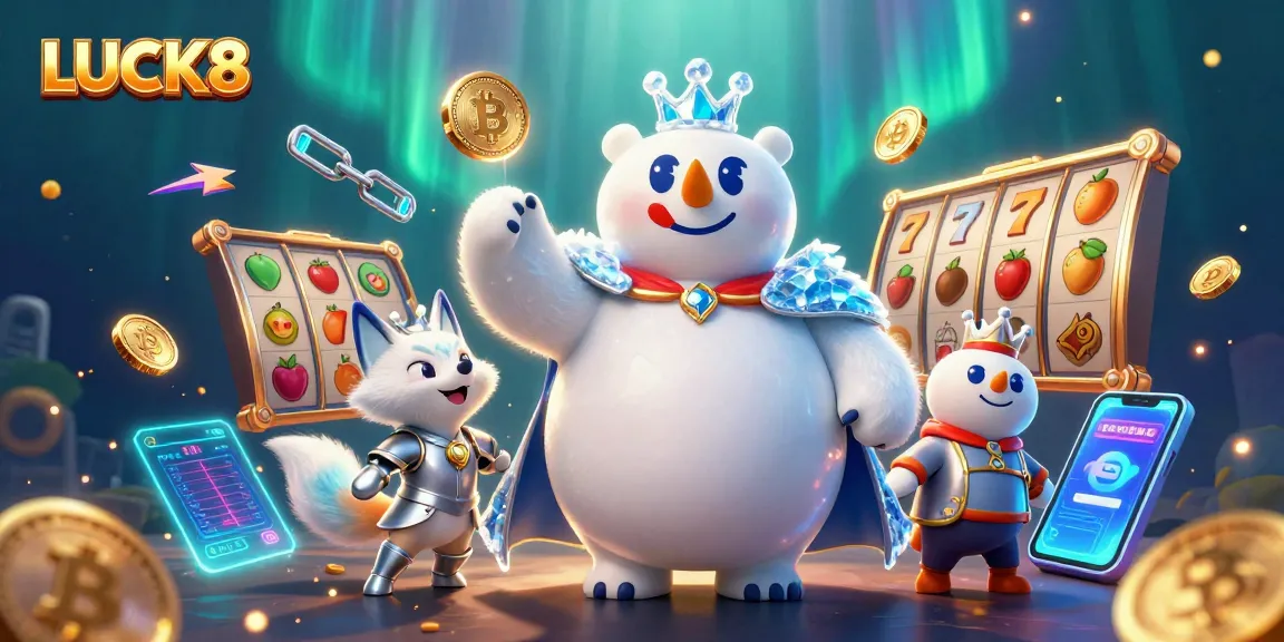 Engage in thrilling LUCK8 slots with a regal polar bear and fox in an energetic, vibrant casino scene.