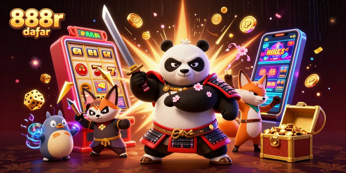Win big with 888r daftar: 3D illustrated scene of a samurai panda, ninja fox, and magical tanuki in a vibrant casino