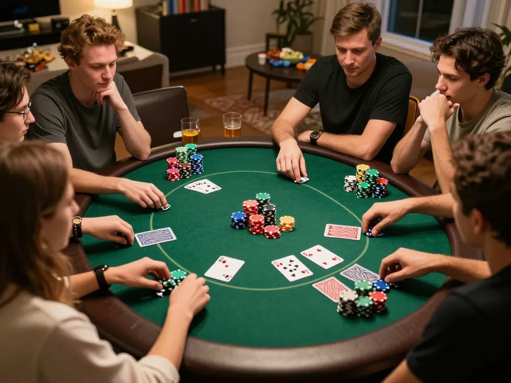 Cà Khịa TV creating an immersive home poker experience with friends around the table, engaging in strategy and excitement.