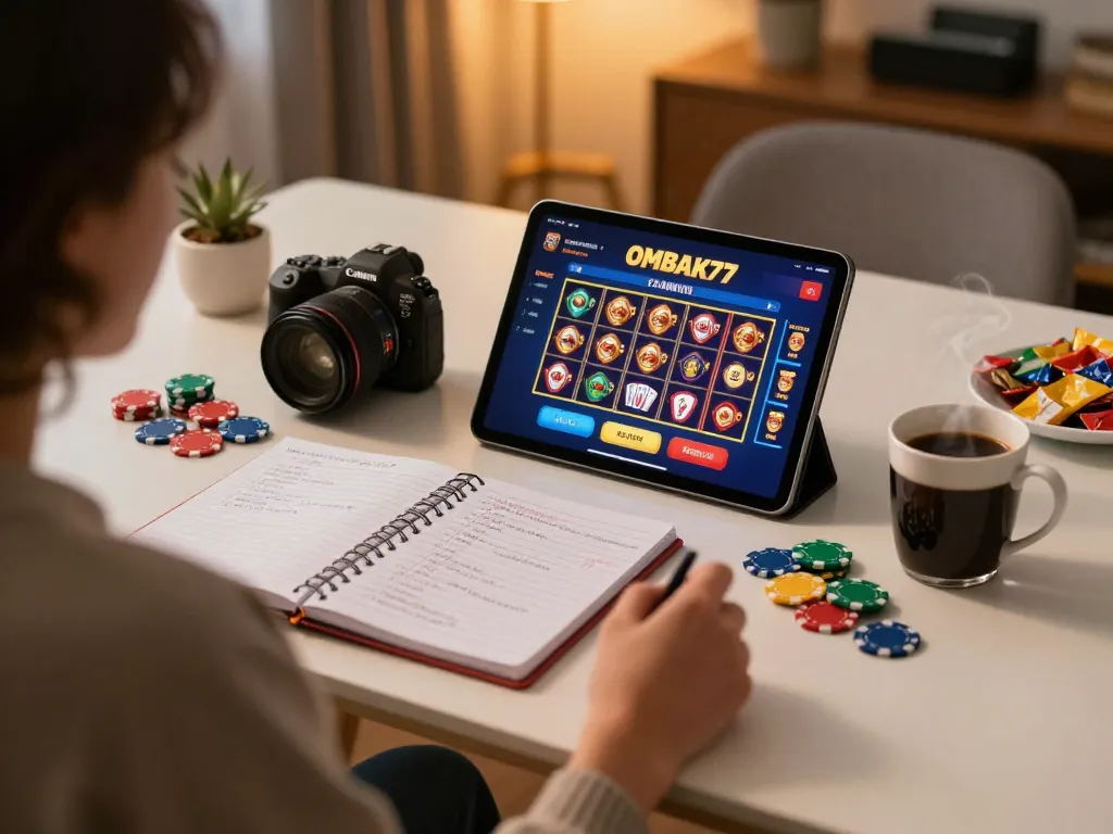 Orang yang terlibat bermain permainan kasino online OMBAK77 di tablet dengan catatan strategi di dekatnya