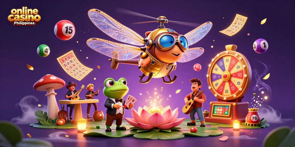 Experience thrilling action at an online casino Philippines featuring jazz-playing crickets and vibrant lottery games.