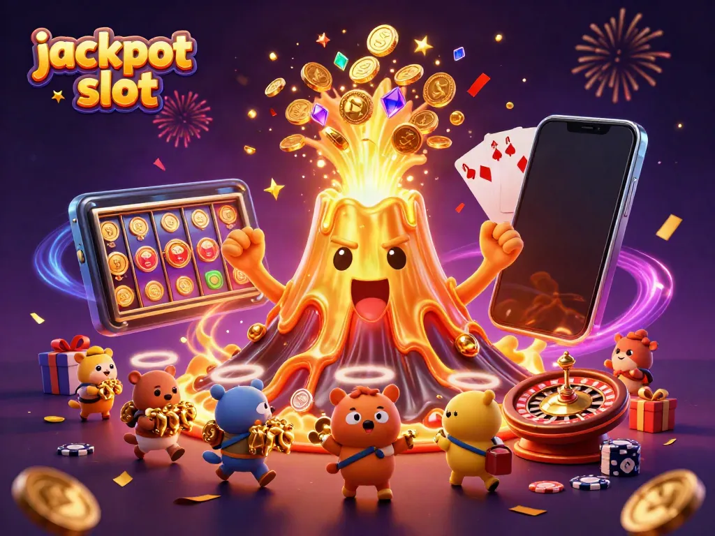 Experience thrilling jackpot slot action in this vibrant 3D illustration featuring a triumphant volcano and treasure hunters.
