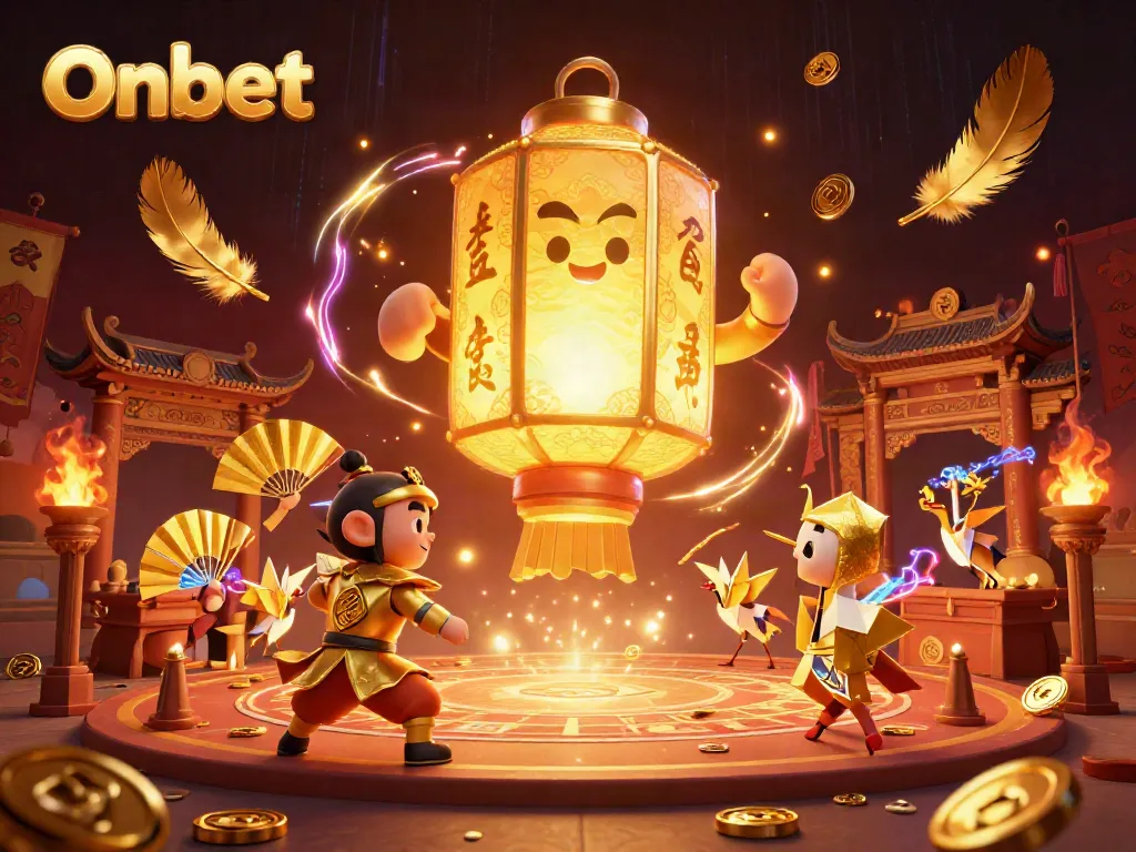 Experience Onbet's vibrant online casino atmosphere with a golden lantern spirit and dynamic characters highlighting exciting games.